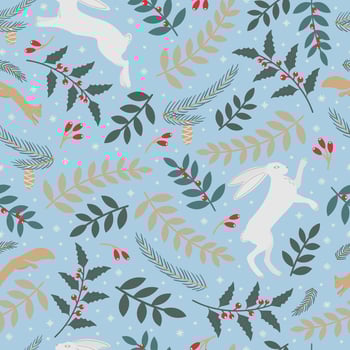 Christmas seamless illustration with rabbit, squirrel, holly, snowflakes, spruce branches, pine cones and berries vector