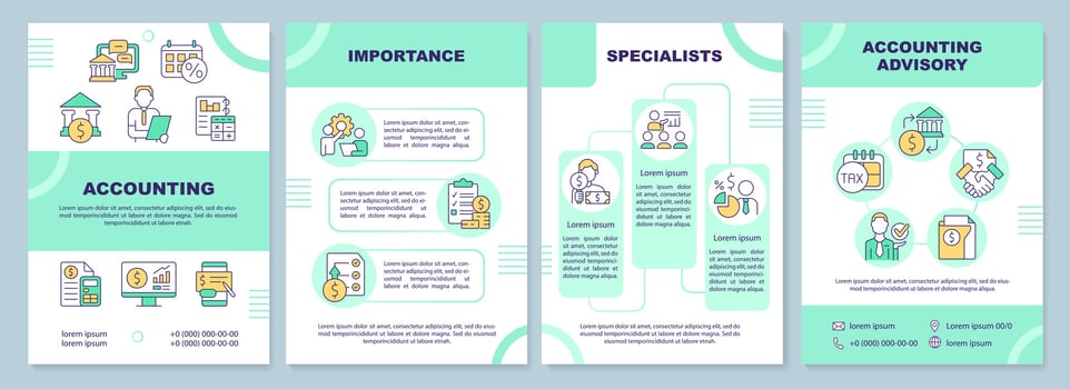 Accounting turquoise brochure template. Advisory service. Leaflet design with linear icons. Editable 4 vector layouts for presentation, annual reports