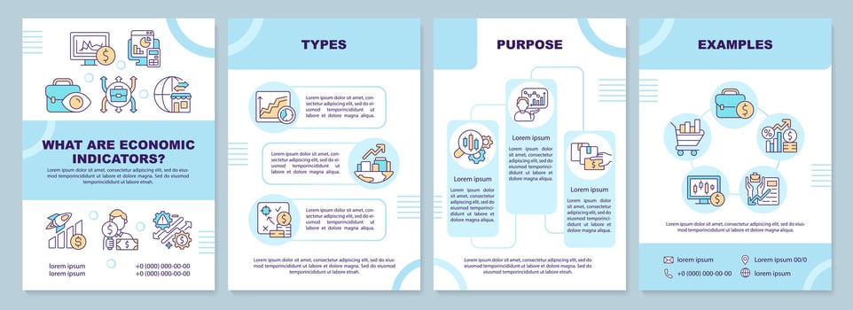 What are economic indicators blue brochure template. Leaflet design with linear icons. Editable 4 vector layouts for presentation, annual reports
