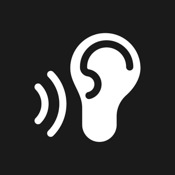 Listen dark mode glyph ui icon. Translator feature. Hear translation. User interface design. White silhouette symbol on black space. Solid pictogram for web, mobile. Vector isolated illustration