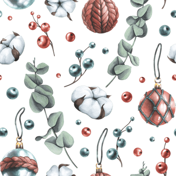 Winter, New Year, Christmas seamless pattern with cotton, eucalyptus, berries, Christmas balls. Watercolor illustration hand drawn. Seamless pattern png