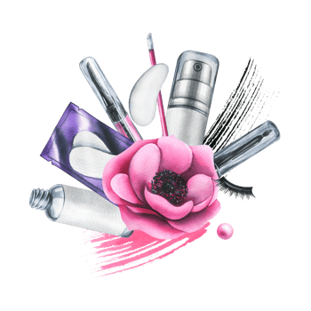 Cosmetics and brushes for eyes and eyebrows, tubes with pink anemone flowers. Watercolor illustration hand drawn. Isolated composition png