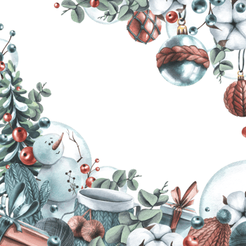 Winter, New Year, Christmas border with snowman, knitted things, cotton, Christmas balls, toys, gifts. Watercolor illustration hand drawn, template png