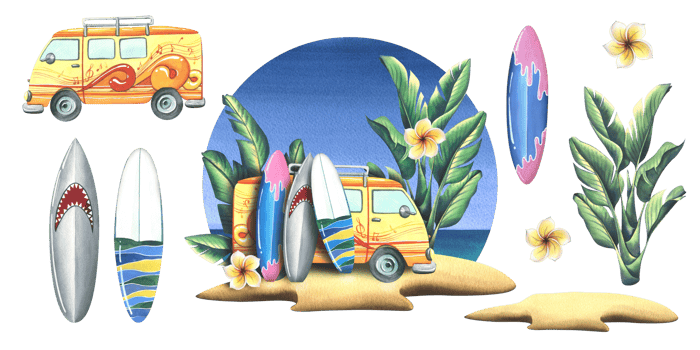A tropical island with surfboards, palm trees against the sky and sea. Watercolor illustration hand drawn. Set of isolated elements stickers png
