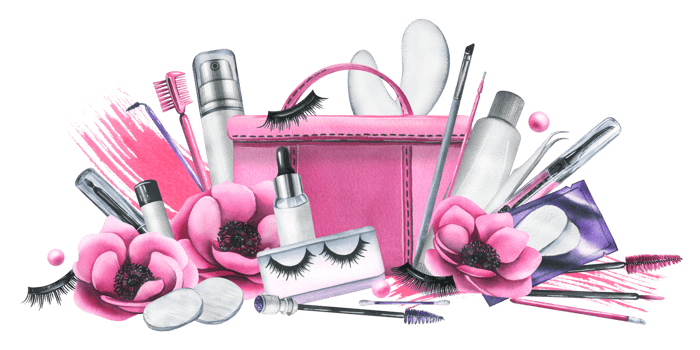Pink cosmetic bag with tools for artificial eyelash extensions, brushes, false eyelashes, products in bottles. Watercolor illustration, hand drawn. Isolated composition png