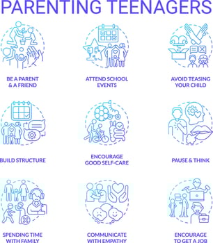 Parenting teenagers blue gradient concept icons set. Taking care of adolescent children idea thin line color illustrations. Isolated symbols vector