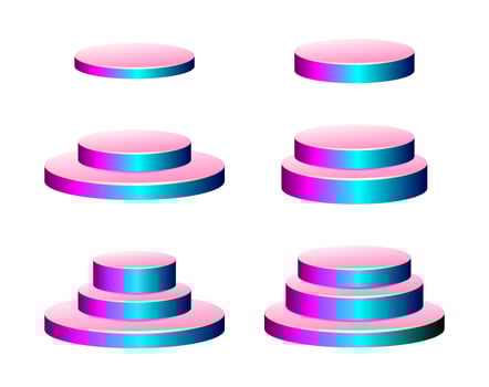 Realistic vector podium set, 3d scene mockup. Round shape award pedestal, showcase stand platform.