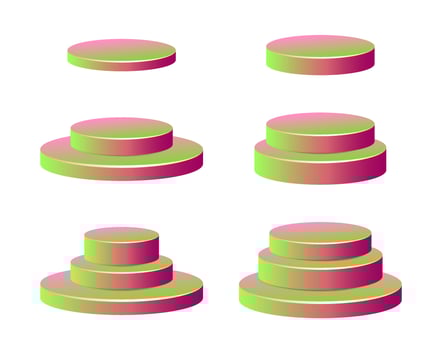 Realistic vector podium set, 3d scene mockup. Round shape award pedestal, showcase stand platform.