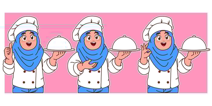 Little chef serves delicious dishes vector