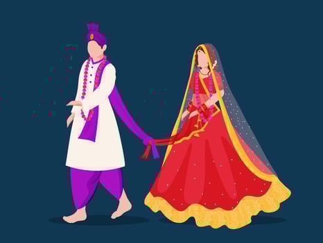 Indian Newlywed Couple Ties the Knot According to Hindu Marriage Against Blue Background. vector