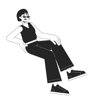 Unhappy woman sitting flat line black white vector character. Editable outline full body girl in sunglasses touch back, knee. Traumas simple cartoon isolated spot illustration for web graphic design