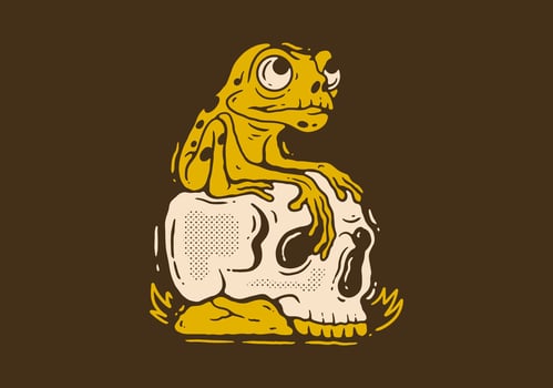 Vintage illustration drawing of frog character perched on the skull vector