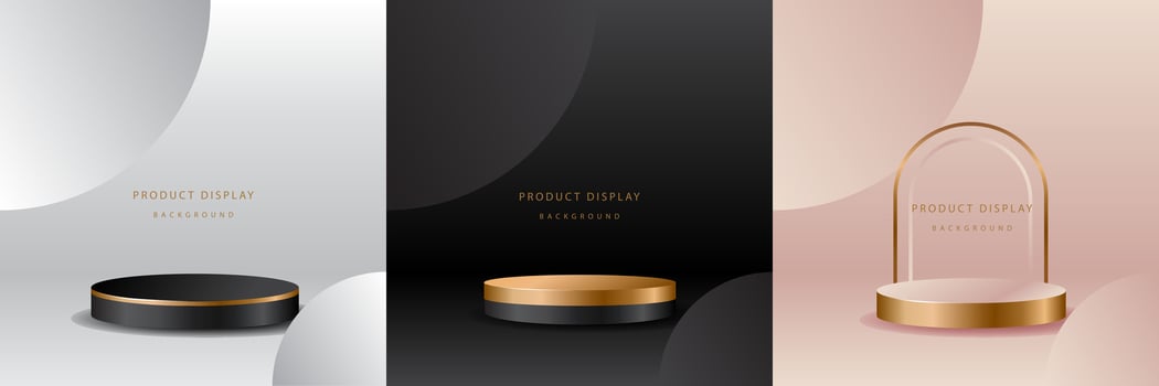 Luxury background with realistic cylinder pedestal podium. Abstract vector rendering geometric forms. Mockup product display. Stand to show products. Minimal wall scene. Stage showcase.