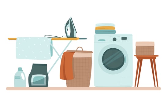 The laundry room has a washing machine, a laundry basket and an ironing board and iron vector