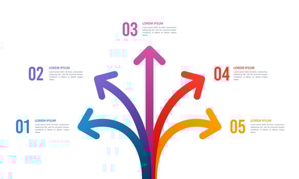 Infographic arrow crossroads 5 options. 5-direction arrow. Vector illustration.