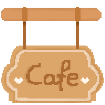 Cute wooden cafe signboard in pixel art png