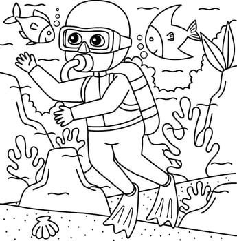 Boy Scuba Diving Summer Coloring Page for Kids vector