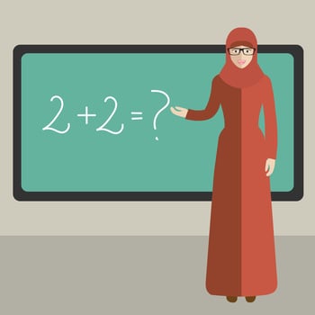 Woman in hijab. Teacher in classroom. Flat vector illustration.