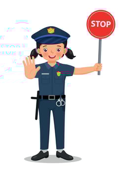 Cute little girl wearing police officer uniform holding stop traffic sign vector