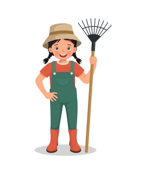 Cute little girl farmer holding a rake working in the farm vector