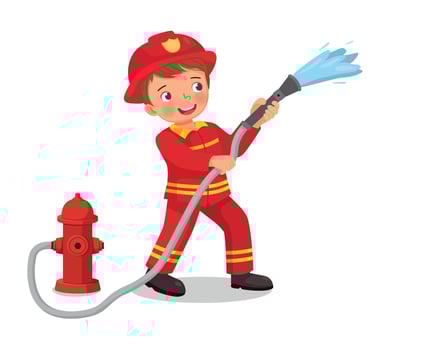 cute little boy wear firefighter uniform holding fire hose flowing water from fire hydrant vector