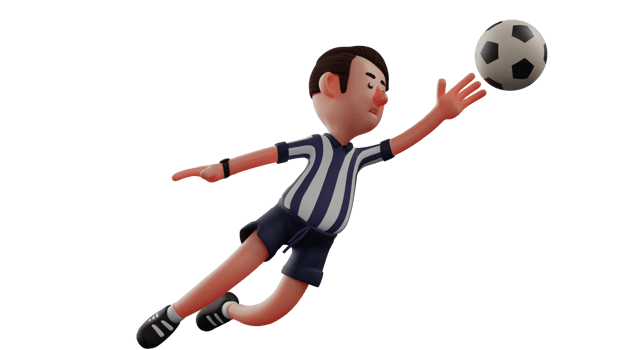 3D illustration. Great Referee 3D Cartoon Character. The referee tries to block the ball from going out of the field. The soccer referee looks proficient and attractive. 3D Cartoon Character png