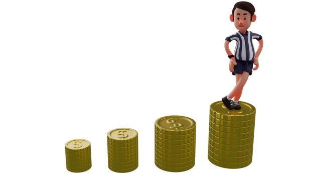 3D illustration. Successful Referee 3D Cartoon Character. Referee is standing on a gold coins pile. Referee along with the many piles of gold coins that he had worked so hard for. 3D Cartoon Character png