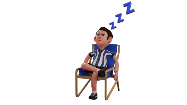 3D illustration. Tired Referee 3D Cartoon Character. The referee fell asleep sitting on his bench. The referee is still wearing his field clothes during breaks. 3D Cartoon Character png