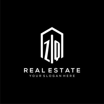 Letter ZQ logo for real estate with hexagon icon design vector