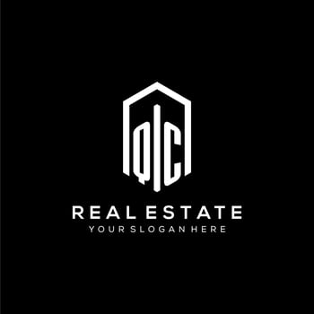 Letter QC logo for real estate with hexagon icon design vector