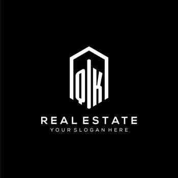 Letter QK logo for real estate with hexagon icon design vector