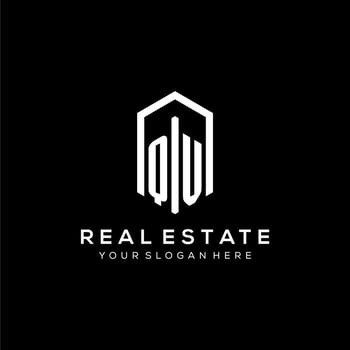 Letter QV logo for real estate with hexagon icon design vector
