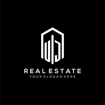 Letter UJ logo for real estate with hexagon icon design vector