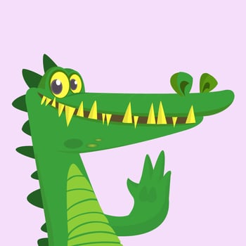 Cute cartoon crocodile or dinosaur. Vector illustration of a green crocodile waving and presenting. Isolated on white
