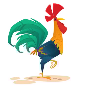 Fat cartoon rooster. Colorful vector illustration of singing rooster