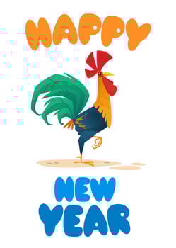 Fat cartoon rooster. Colorful vector illustration of singing rooster