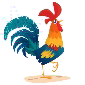 Fat cartoon rooster. Colorful vector illustration of singing rooster