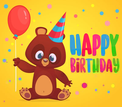 Cartoon bear holding a red balloon. Happy birthday greetings postcard vector