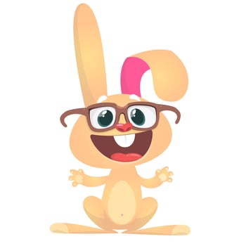 Happy cartoon rabbit wearing big eyesglasses waving hand. Vector illustration of smart bunny