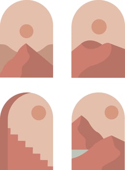 Boho Mountain Landscapes illustrations. Nature abstract landscape background. mountains, forests, sea, sky. Vector illustration.