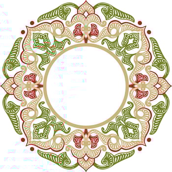 Vector colored round oriental ornament. Arabic patterned circle of Iran, Iraq, Turkey, Syria. Persian frame, border. Lacy carved snowflake.