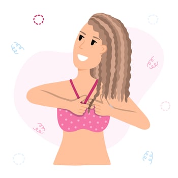 Young woman is styling curly hair with hands. Girl tilted head and wraps curl around fingers. Lady with coils, wavy and afro hairstyles. Concept of hairstyling by Curly Girl Method. Hand drawn vector