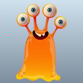 Cute cartoon monster. Design for print, sticker, party decoration, logo, emblem, magazine prints or journal article, t-shirt design, poster. Vector illustration of Halloween cool monster