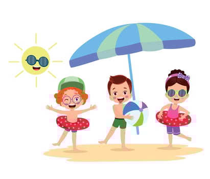 Kid on beach towel under umbrella, flat cartoon vector illustration isolated