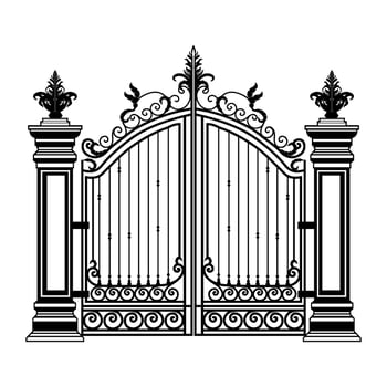 Metal gate sketch. Vector illustration of decorative forging of a two-door garden gate.