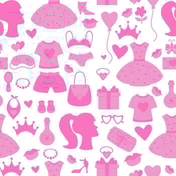 Barbiecore pink trendy seamless pattern. Nostalgic Glamorous things fashion accessories, clothes, handbags, Feminine portrait on white background. Vector illustration. Barbie Day