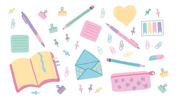 Stationery, school supplies. Student equipment. Cartoon doodle style. Back to school. Trendy modern vector illustration isolated on white, hand drawn, flat