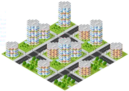 The city lifestyle scene on urban themes with houses, cars, people, trees and parks. Concept isometric 3d illustrations vector for design, games, web