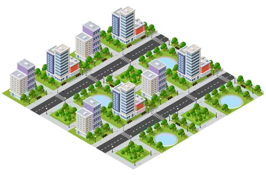The city lifestyle scene on urban themes with houses, cars, people, trees and parks. Concept isometric 3d illustrations vector for design, games, web