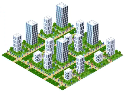 The city lifestyle scene on urban themes with houses, cars, people, trees and parks. Concept isometric 3d illustrations vector for design, games, web